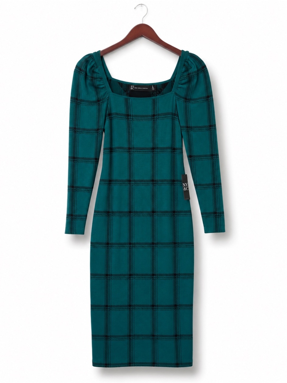 NWT New York & Company Teal Black Plaid Bodycon Midi Dress XL - Picture 2 of 13
